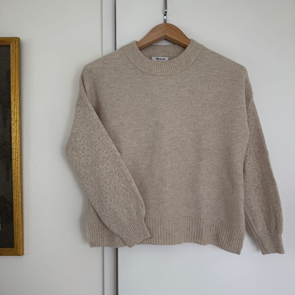 Madewell Mclean Pullover Sweater Merino Wool Pointelle sleeve Knit oatmeal XS - Picture 3 of 10